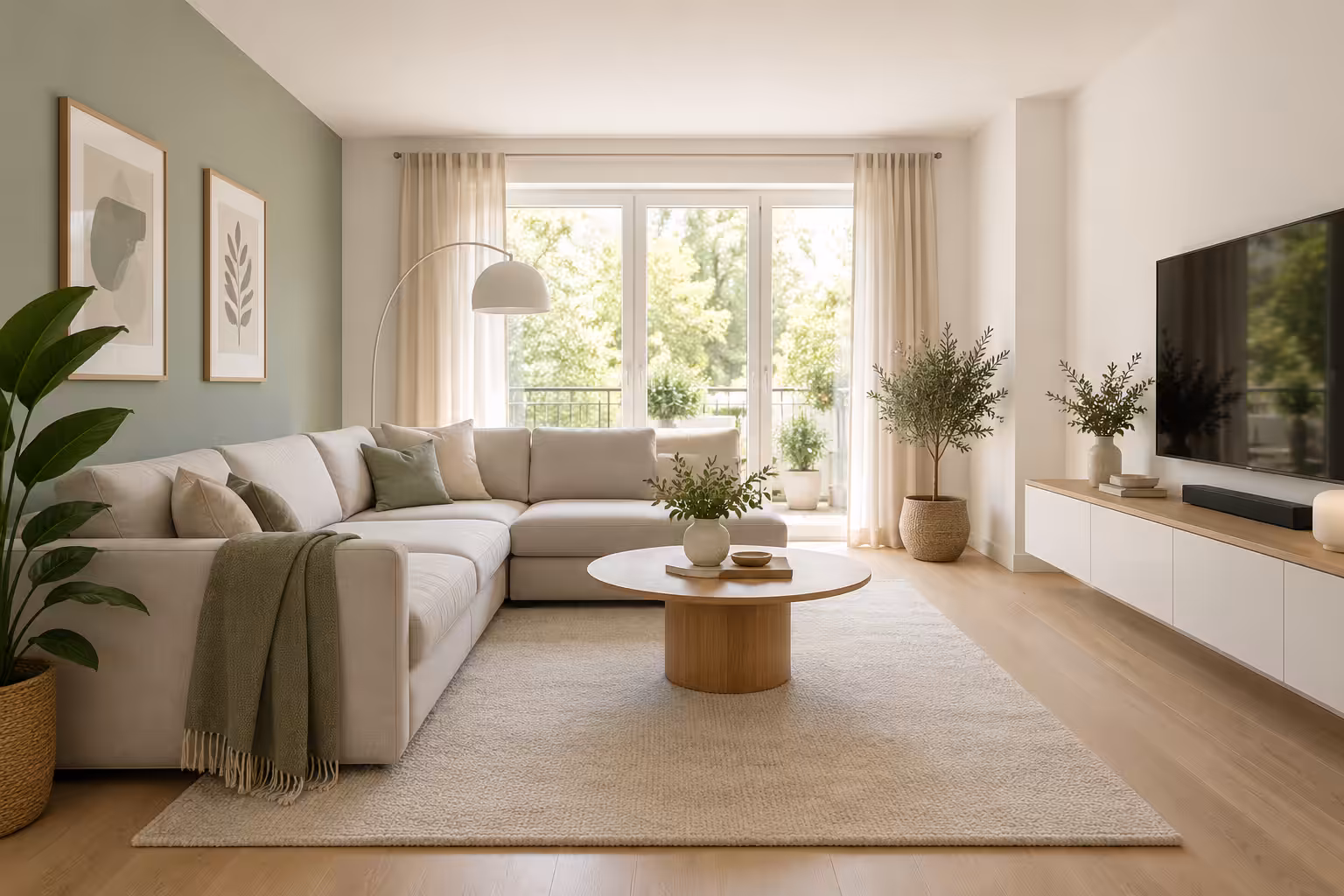 Wohnzimmer mit frischem Innenanstrich und salbeigrüner Akzentwand