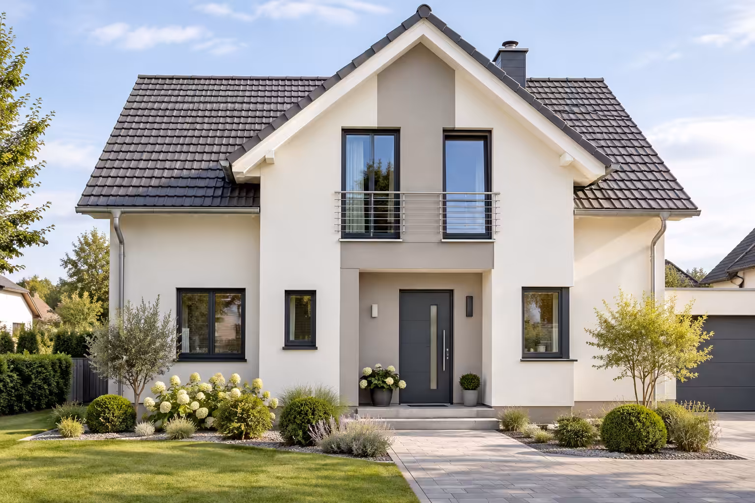 Einfamilienhaus mit neu gestrichener heller Fassade