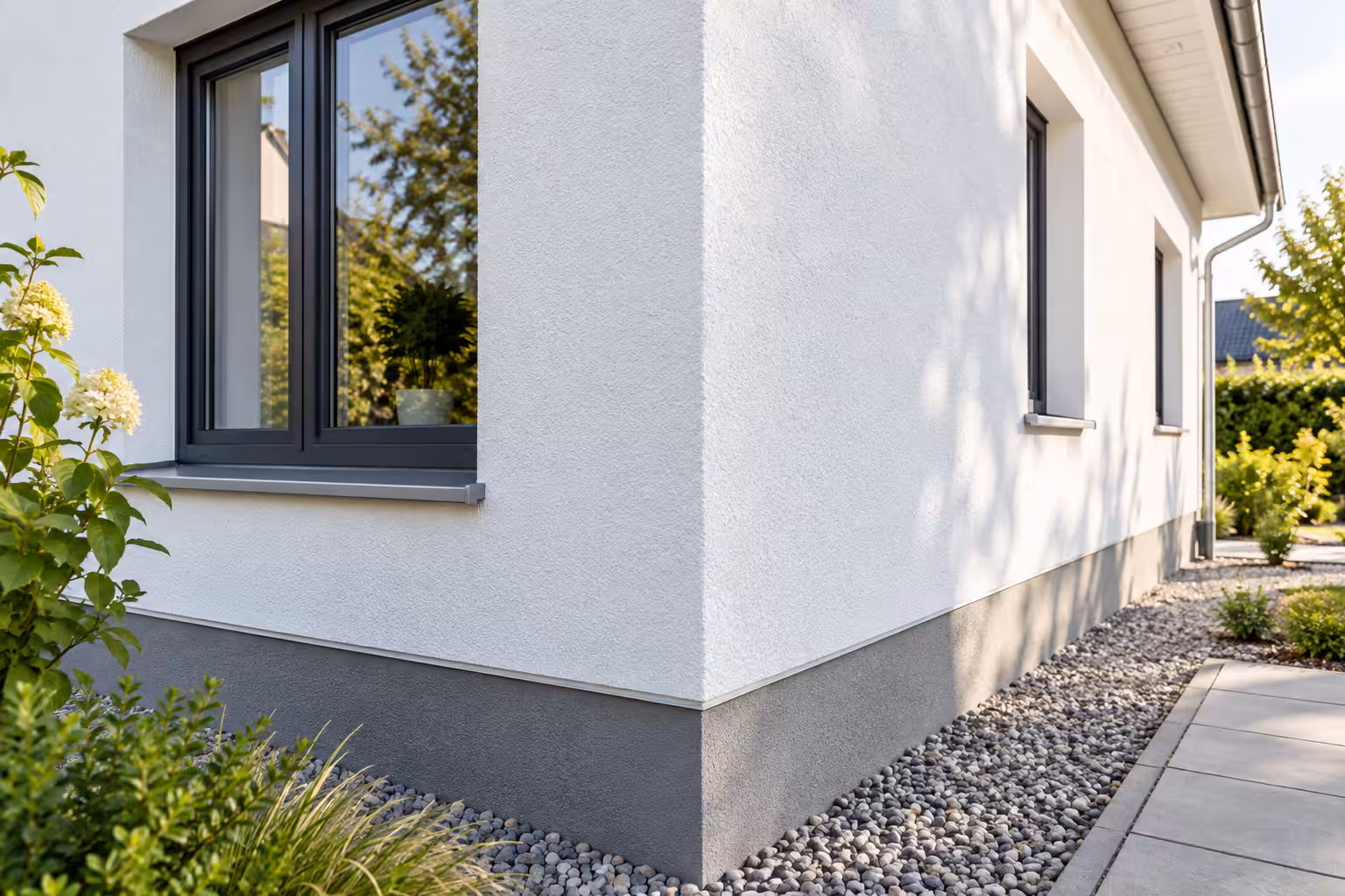 Hausfassade mit Außenputz und abgesetztem Sockel