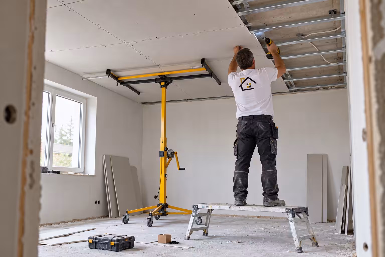 Handwerker von AND's Bau montiert Gipskartonplatten an einer Decke