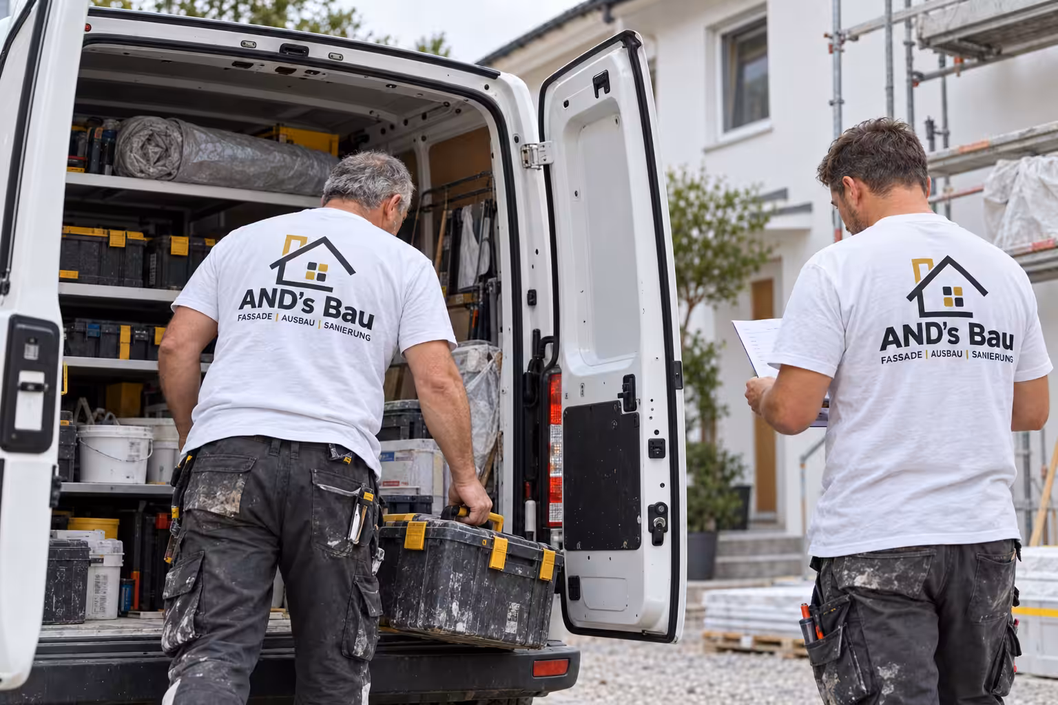 Handwerker von AND's Bau beladen den Firmentransporter