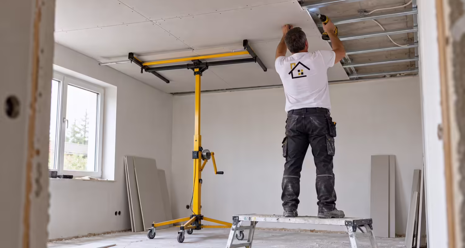 Handwerker von AND's Bau montiert Gipskartonplatten an einer Decke