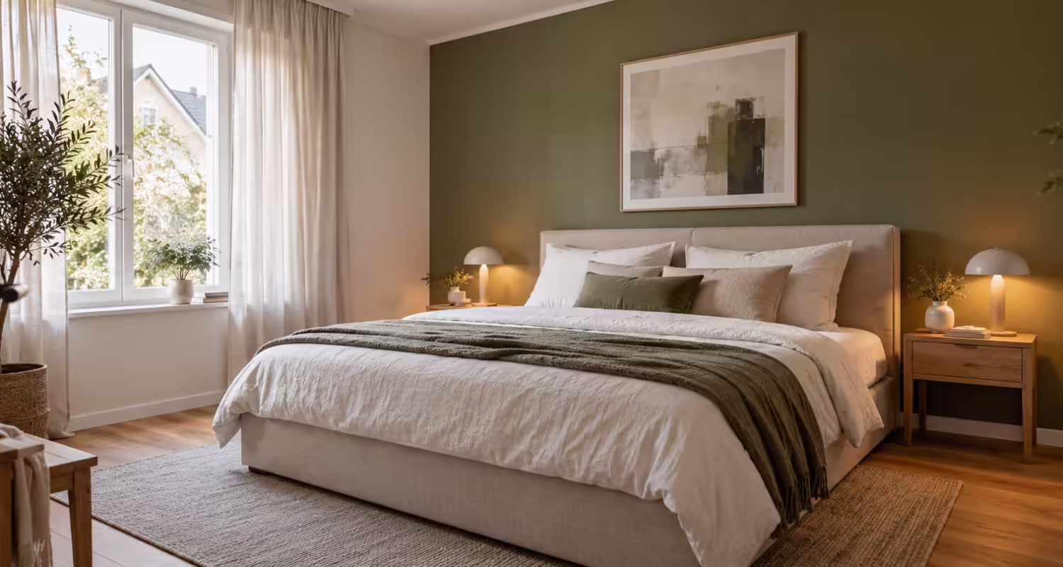 Schlafzimmer mit olivgrüner Akzentwand