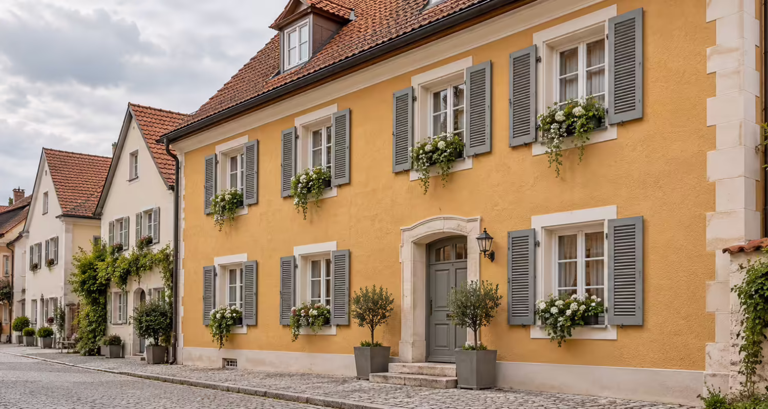 Fassade eines Stadthauses in warmem Ockerton